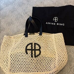 Anine Bing Tan Crochet Tote with Black Accents